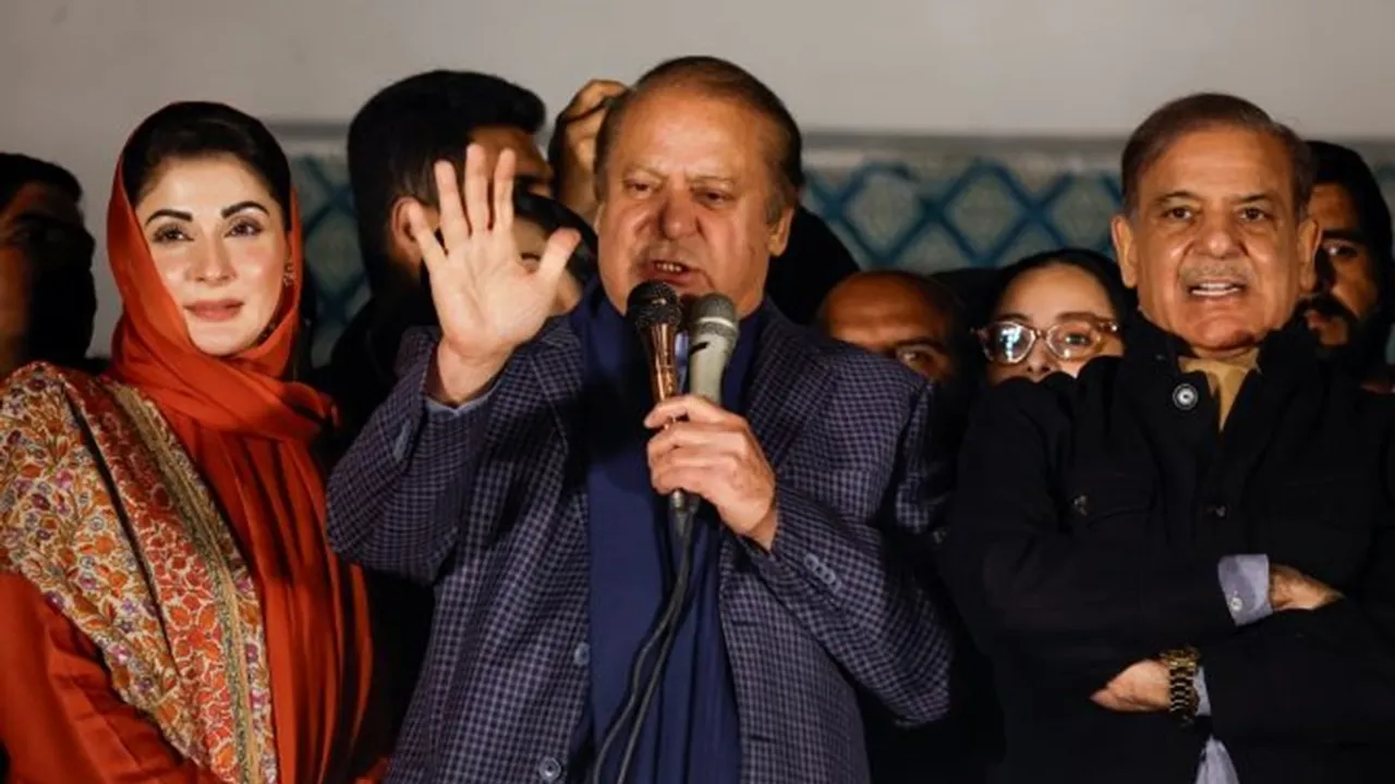 Former Prime Minister of Pakistan Nawaz Sharif speaks, flanked by his daughter and politician Maryam Nawaz Sharif  (left) and his brother and former Prime Minister Shahbaz Sharif, at the party office in Lahore, Pakistan