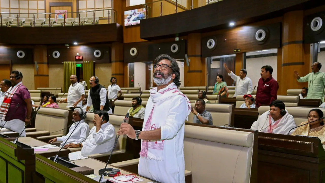 Jharkhand Chief Minister Hemant Soren speaks during a special session of the State Legislative Assembly, held for the floor test of the JMM-led government, at Jharkhand Vidhan Sabha, in Ranchi.