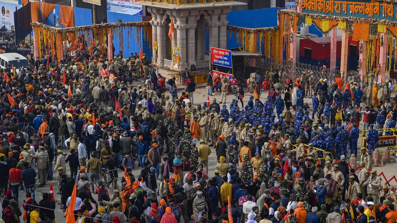 A massive crowd at the main gateway leading to the Ram temple in Ayodhya