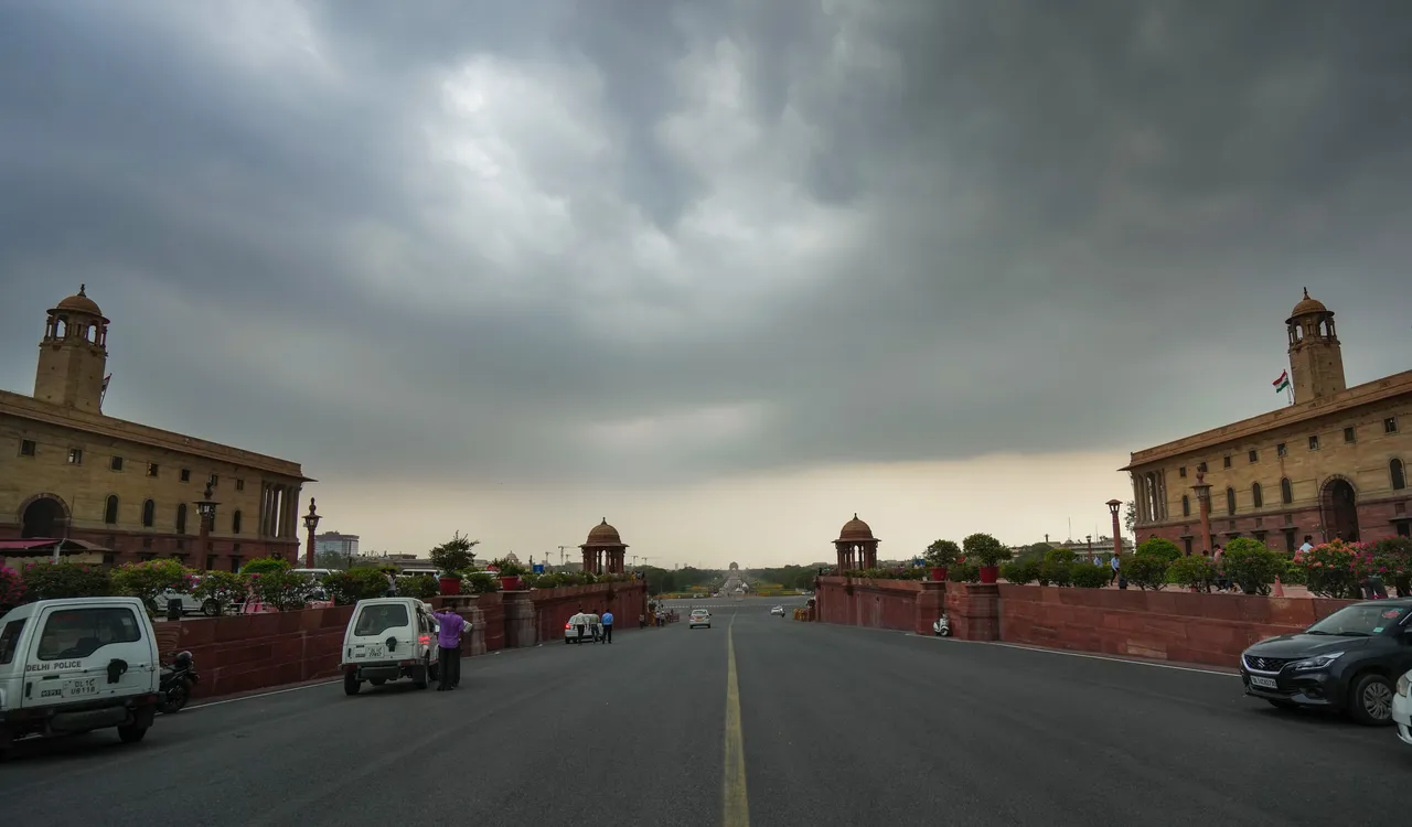 Clouds hover over Raisina Hills during Monsoon season, in New Delhi