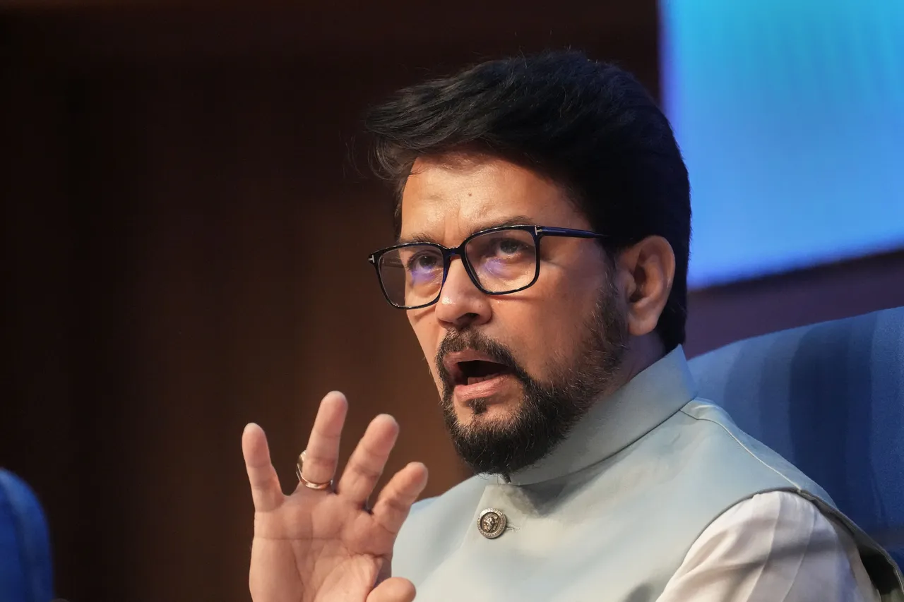 Union Minister for Information & Broadcasting, Youth Affairs and Sports Anurag Singh Thakur speaks during a press conference on Cabinet Decisions