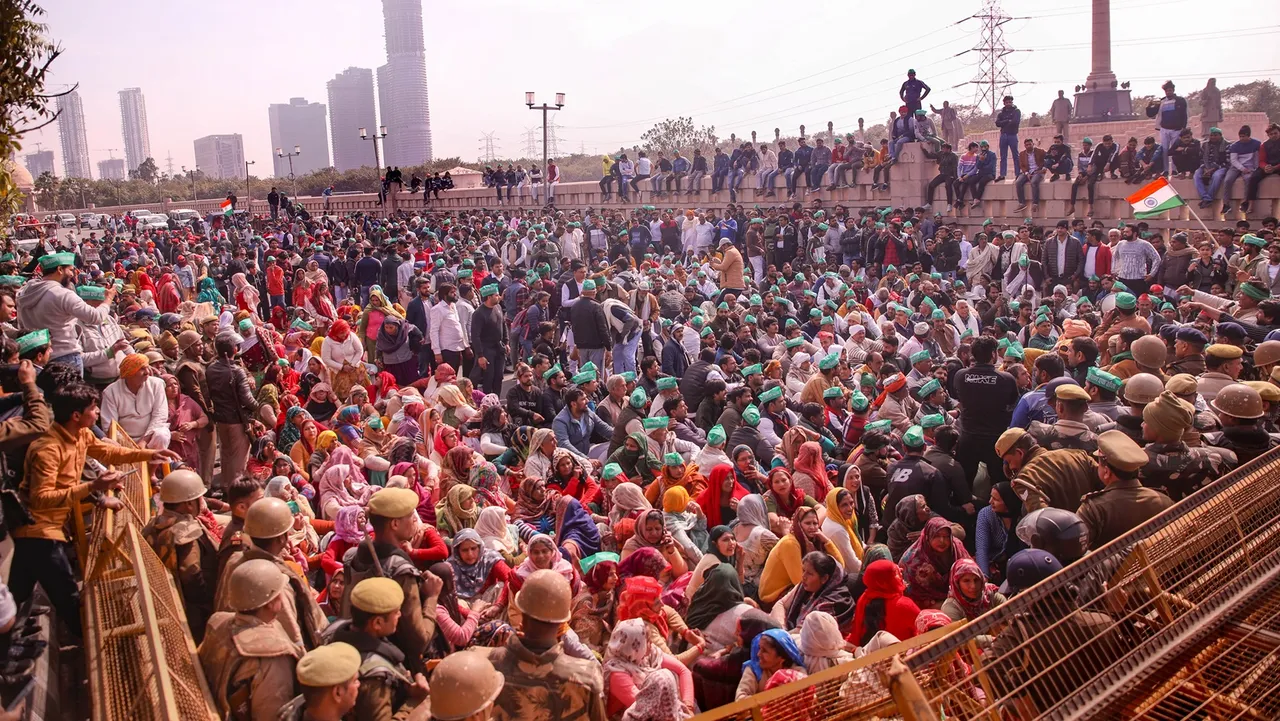 Farmers during a protest march to the national capital, in Noida