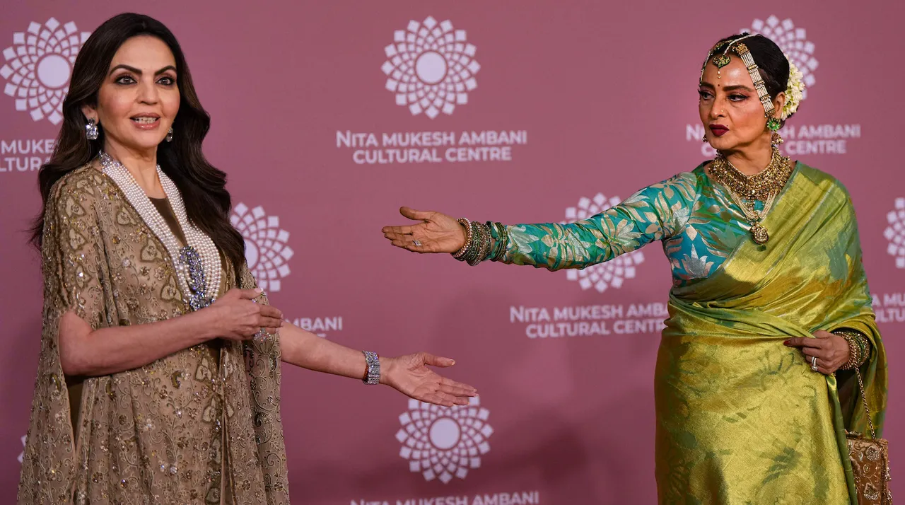 Nita Ambani along with actor Rekha during the inauguration of Nita Mukesh Ambani Cultural Centre in Mumbai on Saturday, April 1