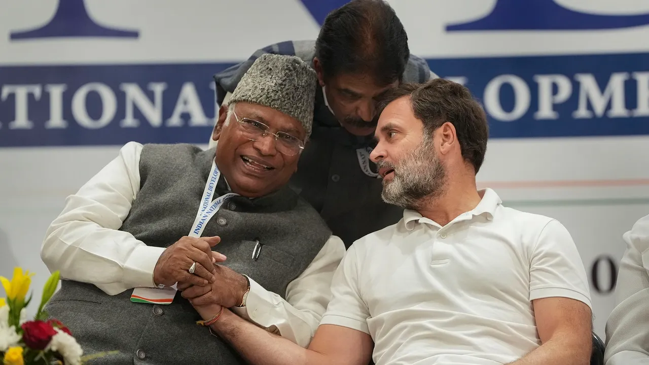 Congress president Mallikarjun Kharge with party leaders Rahul Gandhi and KC Venugopal during a press conference after the INDIA alliance meeting, in New Delhi
