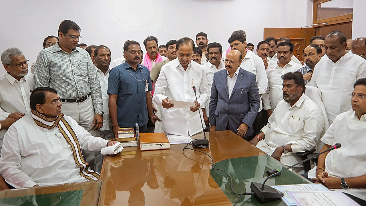 Bharat Rashtra Samithi (BRS) President and former Telangana CM K. Chandrashekar Rao takes oath as a member of Telangana Legislative Assembly, in Hyderabad