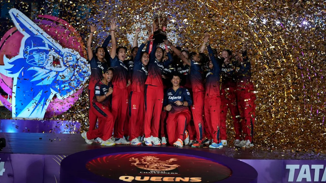 Royal Challengers Bangalore players celebrate after winning the WPL-T20 final cricket match against Delhi Captals at the Arun Jaitley Stadium, in New Delhi, Sunday, March 17, 2024.