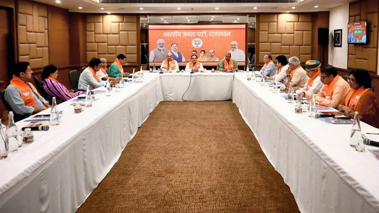 Union Home Minister Amit Shah, BJP National President JP Nadda and other party leaders during a meeting, in Jaipur, Wednesday, Sept. 27, 2023.