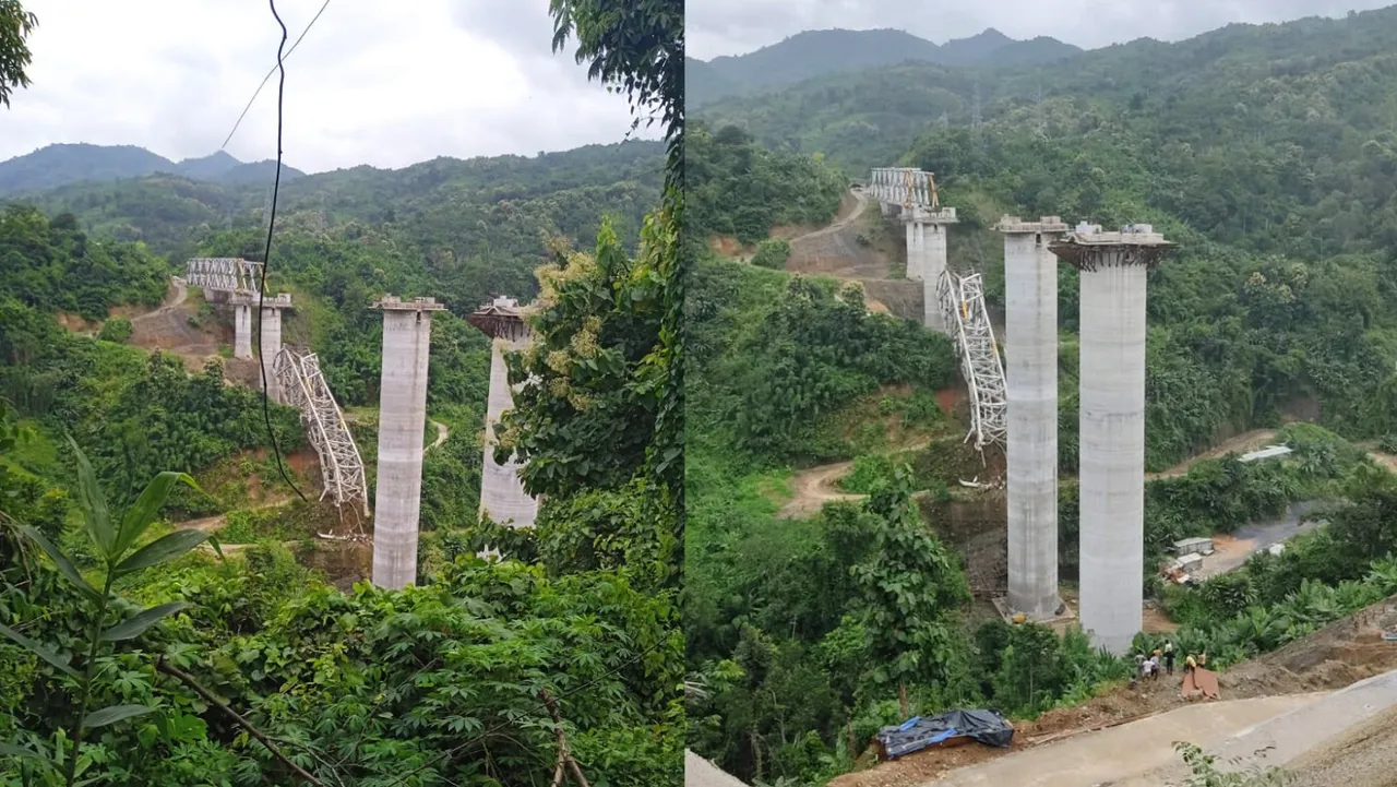 An under-construction railway bridge at Sairang area collapses, near Aizawl, Mizoram