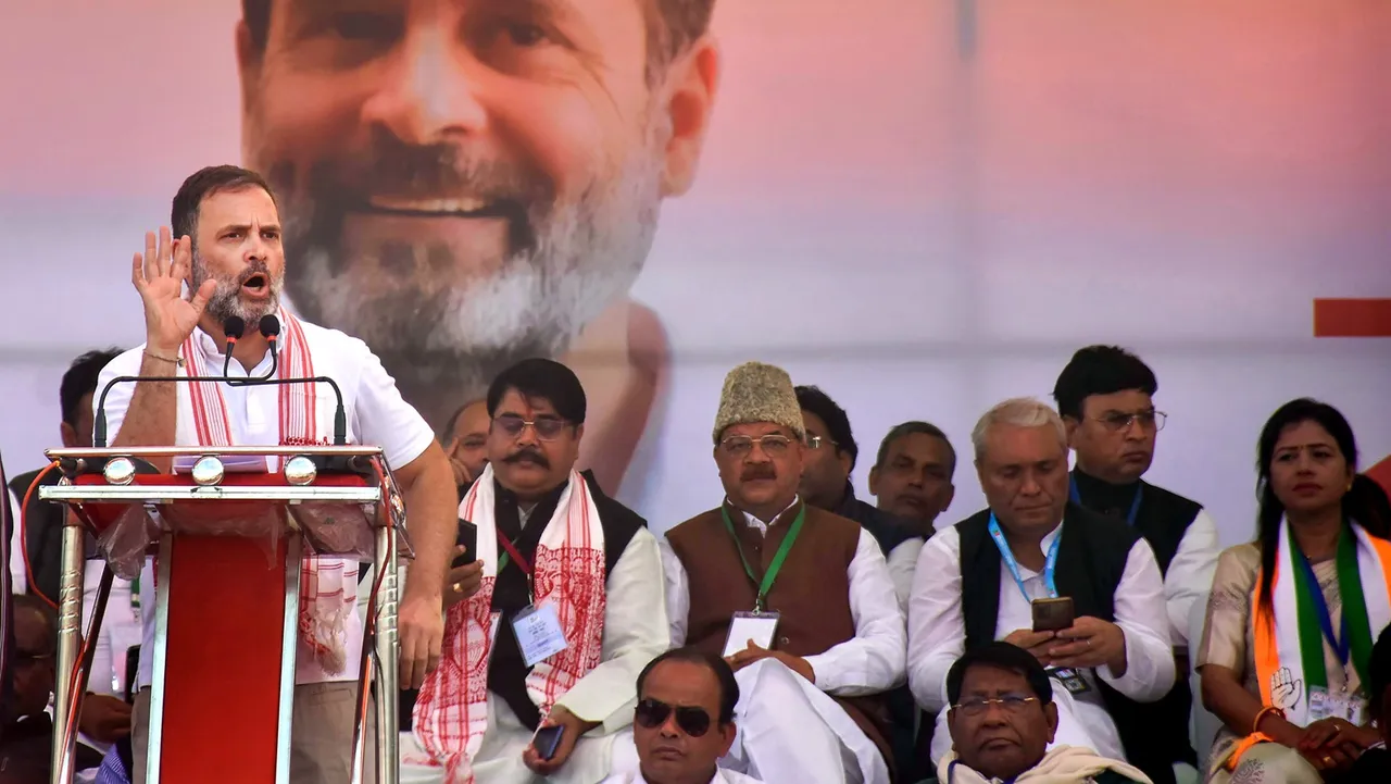 Congress leader Rahul Gandhi addresses a gathering during the ‘Bharat Jodo Nyay Yatra’, at Saheed Maidan in Ranchi