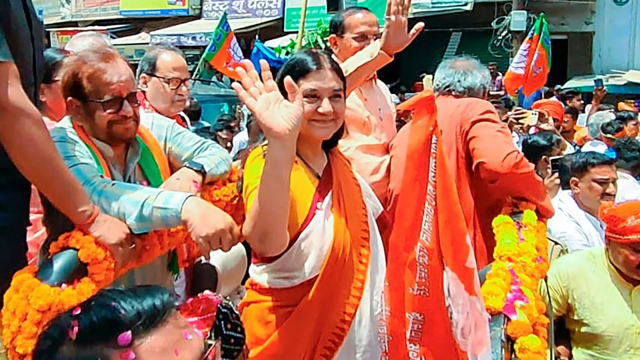 BJP leader candidate from Sultanpur constituency Maneka Gandhi during her nomination filing roadshow for the Lok Sabha elections, in Sultanpur, Wednesday, May 1, 2024