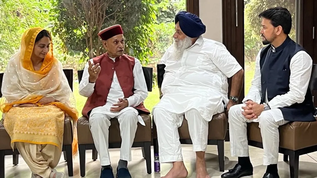 Anurag Thakur and his father Prem Kumar Dhumal visited SAD patriarch Parkash Singh Badal's native village in Punjab's Muktsar on Sunday and met Akali Dal chief Sukhbir Badal