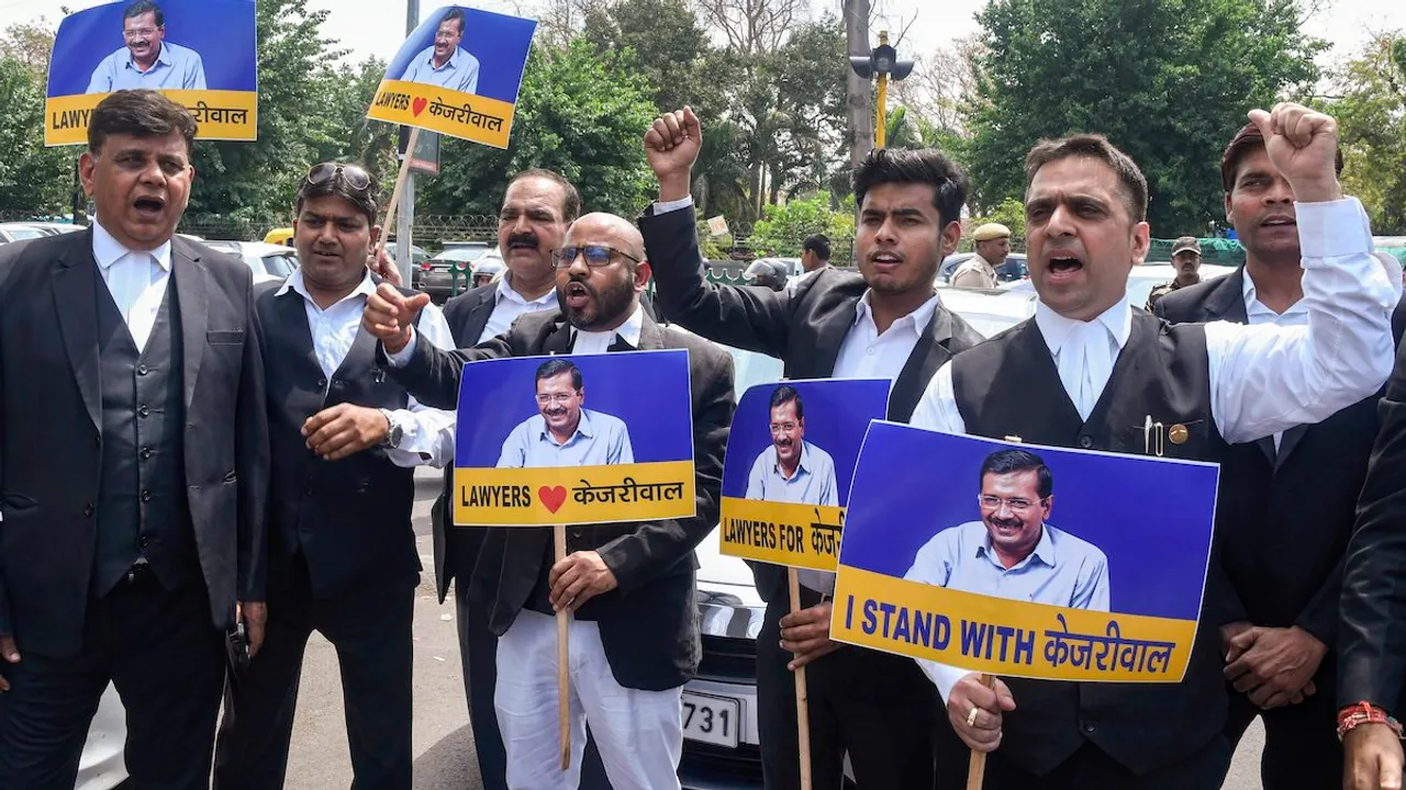 AAP's legal cell members protest in support of Delhi Chief Minister Arvind Kejriwal, outside the Patiala House Court in New Delhi, Wednesday, March 27, 2024.