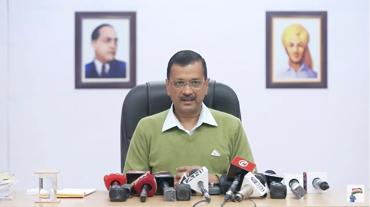 Arvind Kejriwal addressing a press conference on his meeting with LG VK Saxena