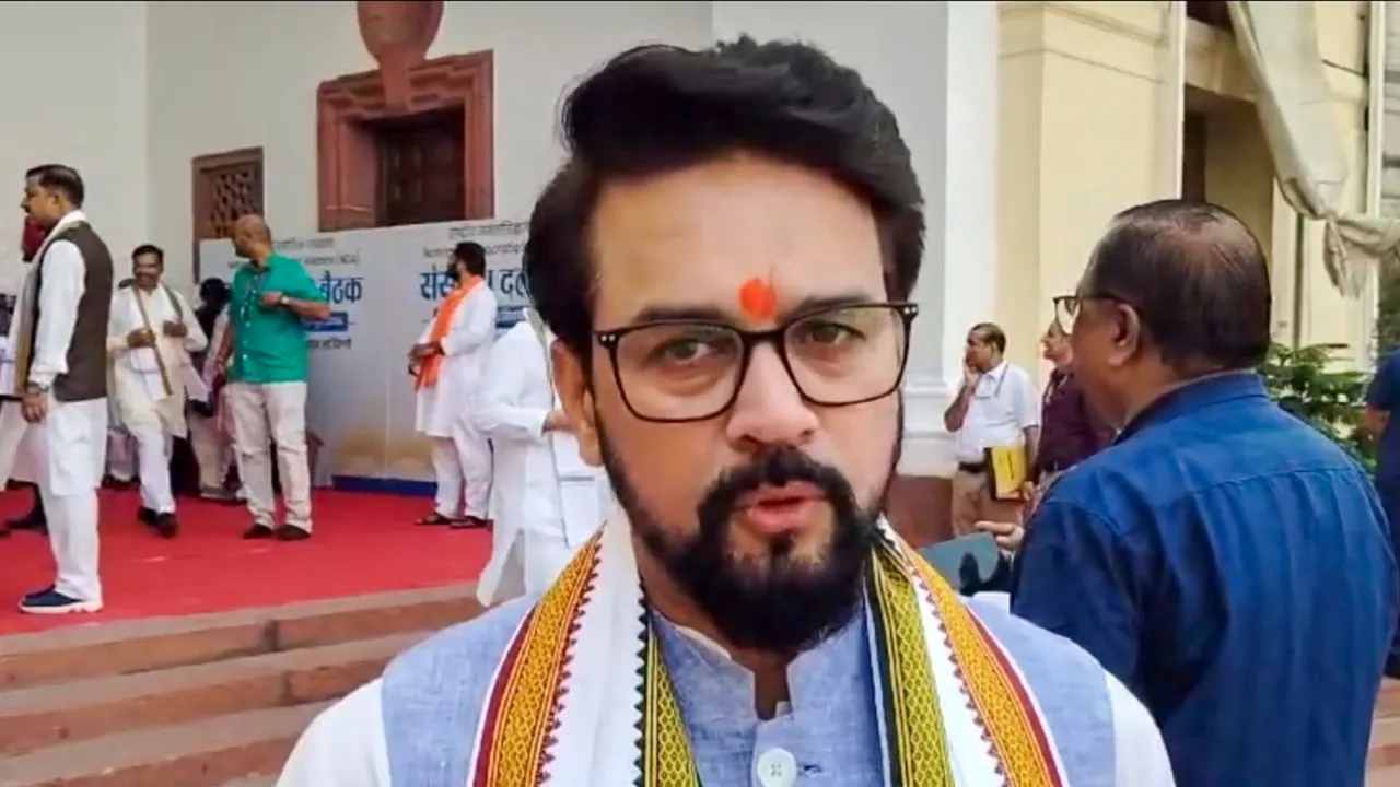 BJP MP Anurag Thakur speaks to PTI before Congress MP Shashi Tharoor speaks during an interview with PTI the NDA parliamentary party meeting at Samvidhan Sadan, in New Delhi, Friday, June 7, 2024.