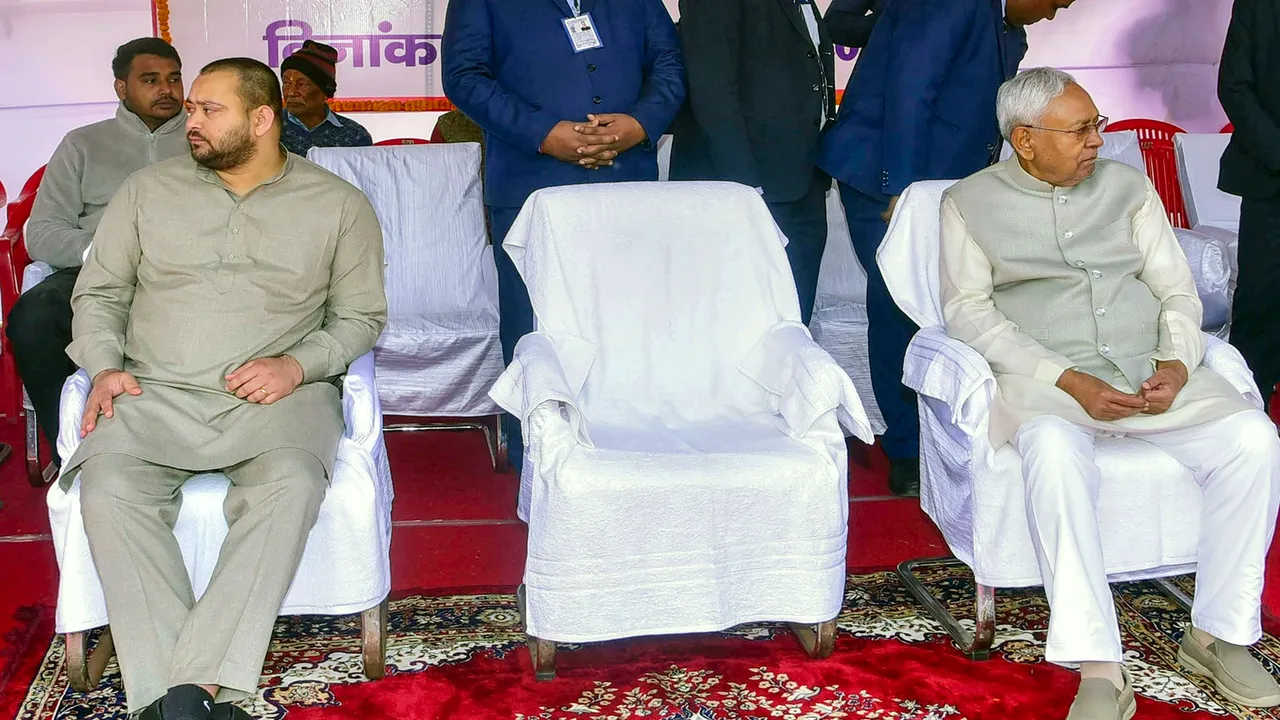 Bihar Chief Minister Nitish Kumar with Deputy Chief Minister Tejashwi Yadav during the birth anniversary function of former finance minister Arun Jaitley, in Patna