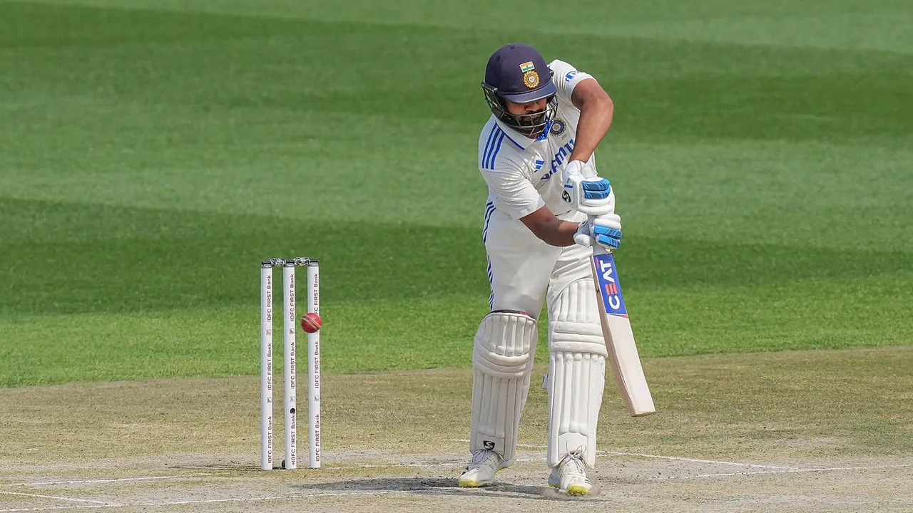 India's batter Rohit Sharma gets clean bowled during the second day of the fifth Test cricket match between India and England, in Dharamsala