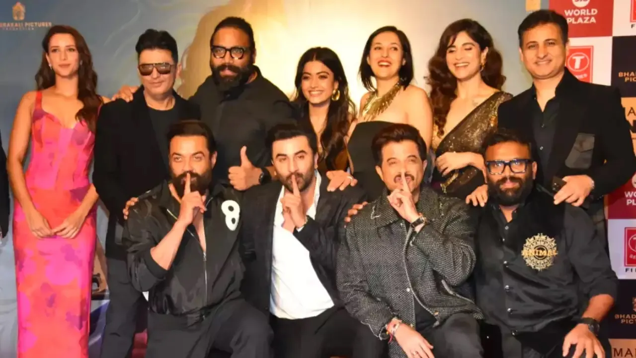Actors Ranbir Kapoor, Anil Kapoor, Bobby Deol and Rashmika Mandanna at the success party of the film Animal, in Mumbai