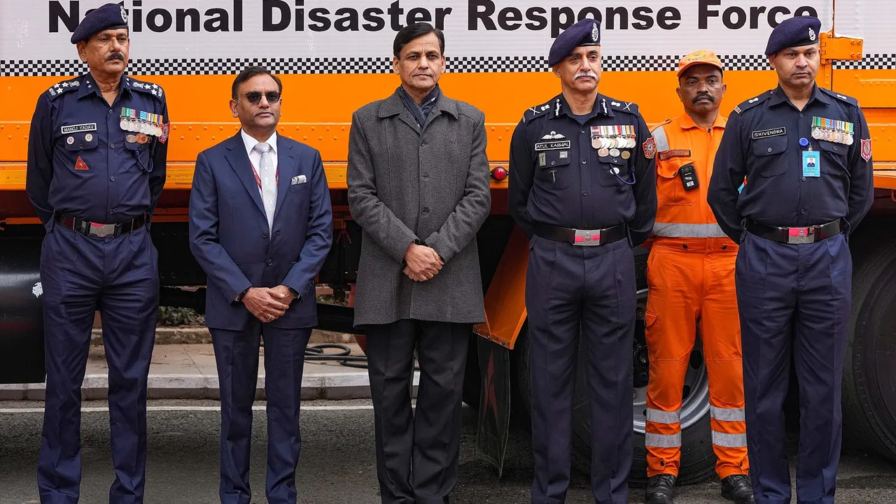 Union Minister of State for Home Affairs Nityanand Rai with the Director General of NDRF Atul Karwal and others at the 19th Raising Day of NDRF, in New Delhi