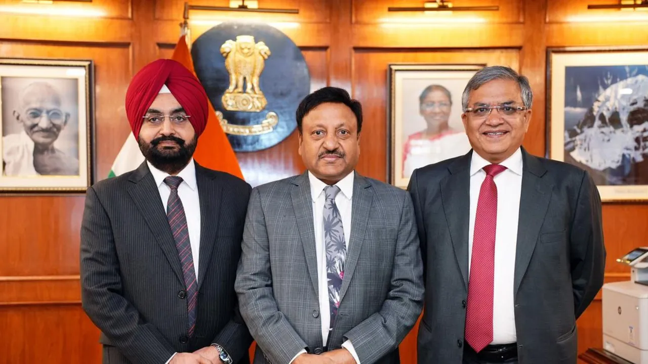 Chief Election Commissioner of India (CEC) Rajiv Kumar with the two newly-appointed Election Commissioners Sukhbir Singh Sandhu and Gyanesh Kumar