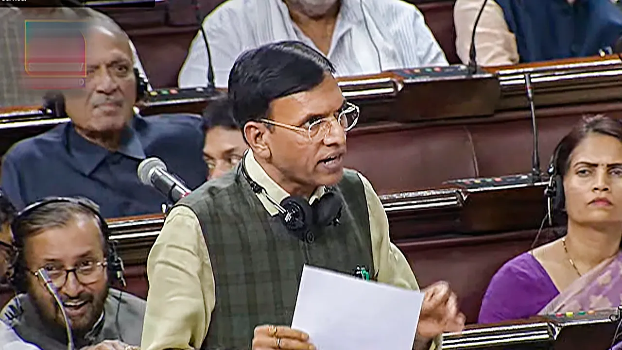 Union Minister Mansukh Mandaviya speaks in the Rajya Sabha during the Monsoon session of Parliament