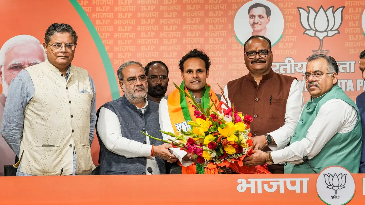 Lok Sabha MP from Ambedkar Nagar Ritesh Pandey joins BJP in presence of UP Dy CM Brajesh Pandey and other BJP leaders, in New Delhi