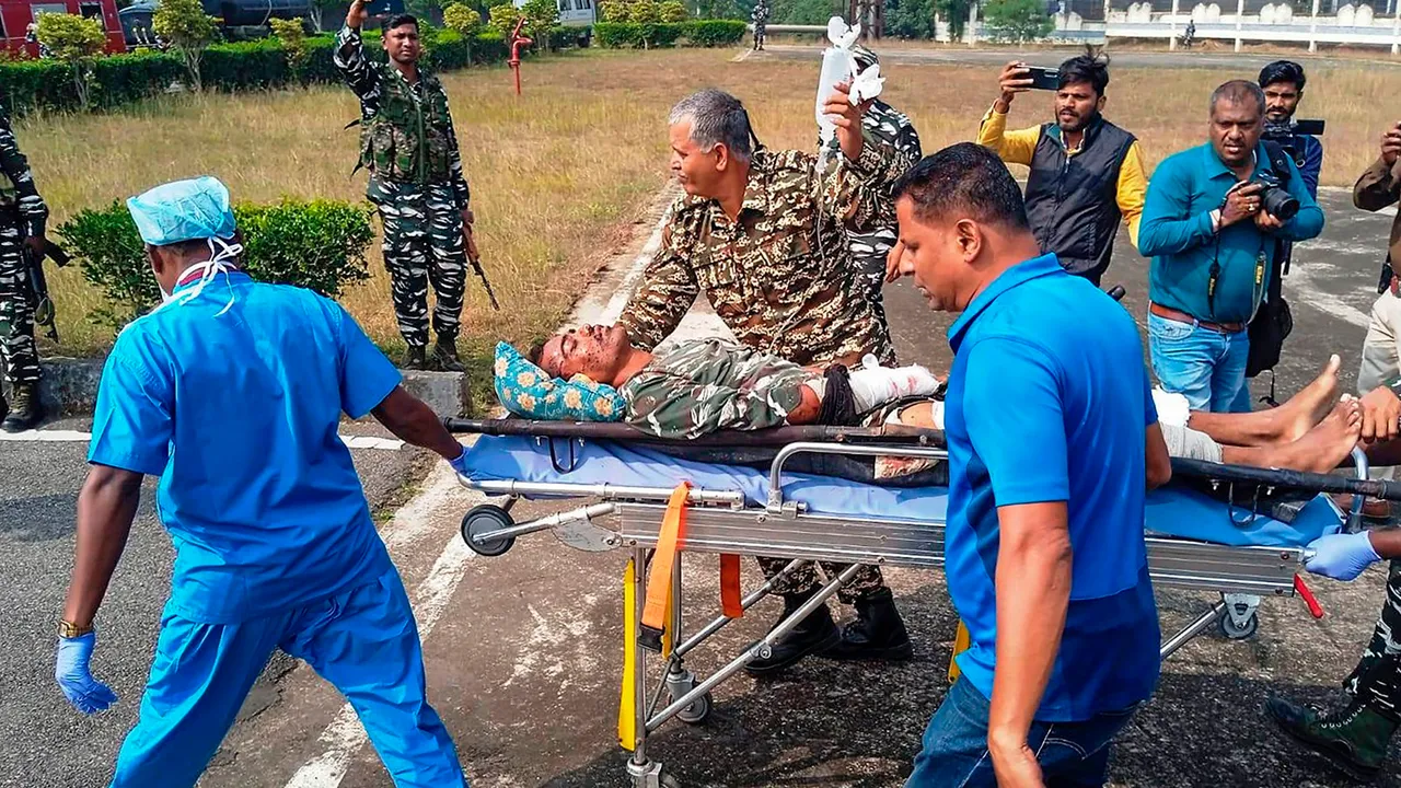 A CRPF personnel who got injured in an IED blast being taken for further treatment after he was airlifted from dense forest areas of Hesabandh, in West Singhbhum, Jharkhand