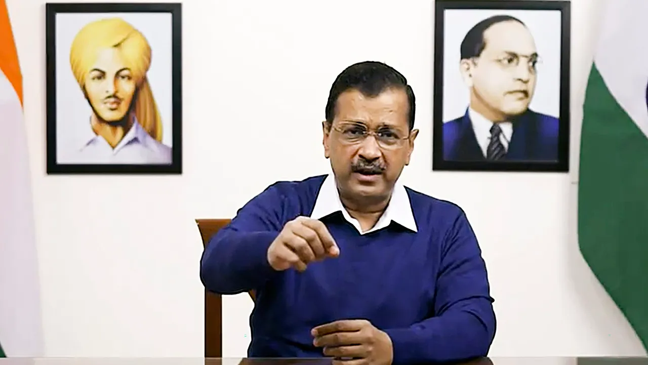 Delhi Chief Minister Arvind Kejriwal addresses a press conference regarding summons issued to him by the Enforcement Directorate (ED) in the excise policy case