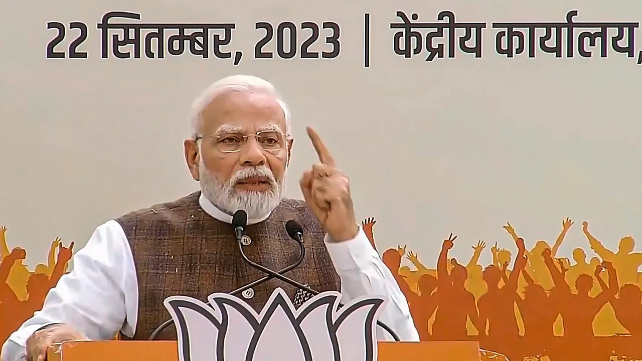 Prime Minister Narendra Modi addresses during the 'Nari Shakti Vandan-Abhinandan Karyakram' at the BJP headquarters, in New Delhi