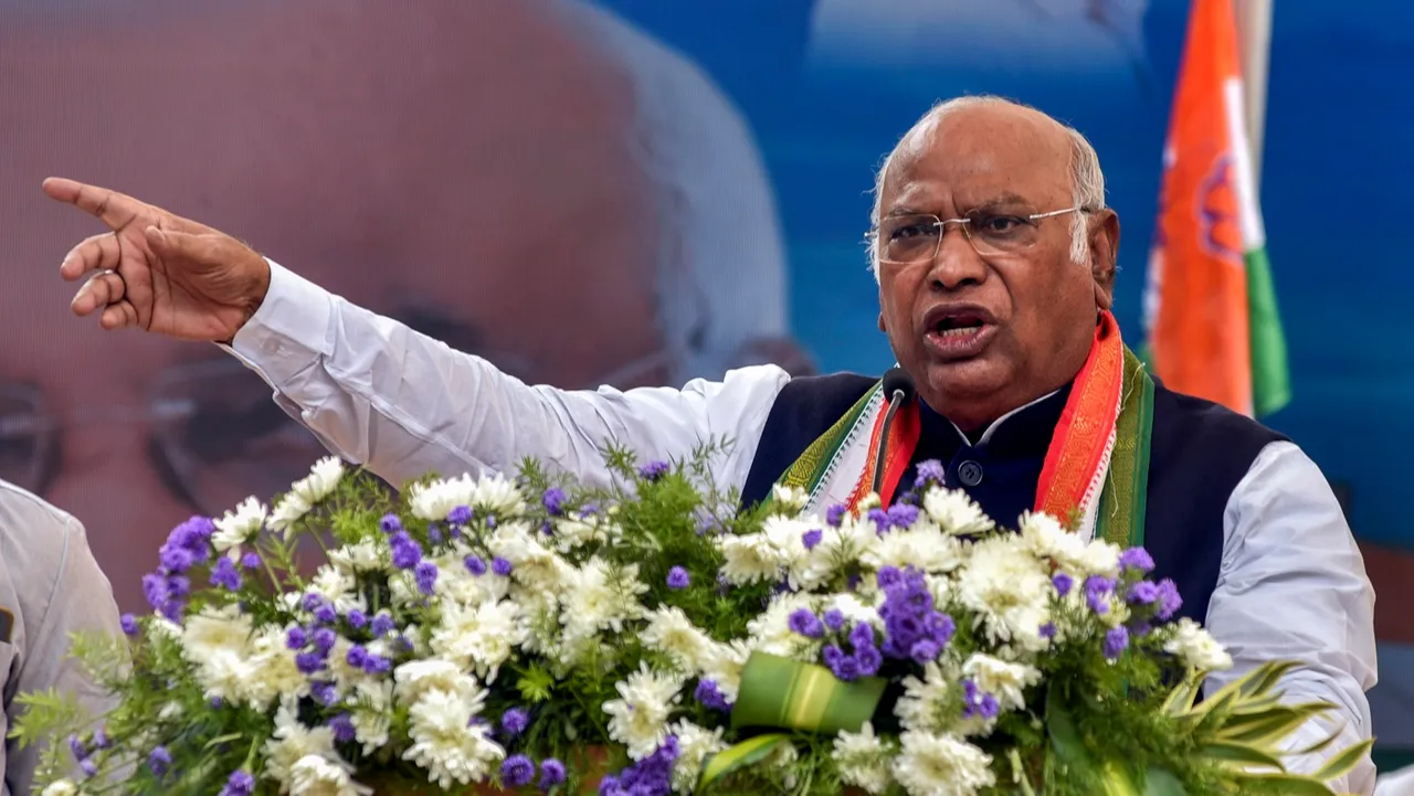 Congress president Mallikarjun Kharge addresses a gathering during an election campaign ahead of the Telangana Assembly election