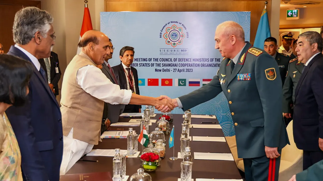 Defence Minister Rajnath Singh with Defence Minister of Kazakhstan Colonel General Ruslan Zhaksylykov and other officials during a bilateral meeting on the sidelines of SCO Defence Ministers’ Meeting April 27