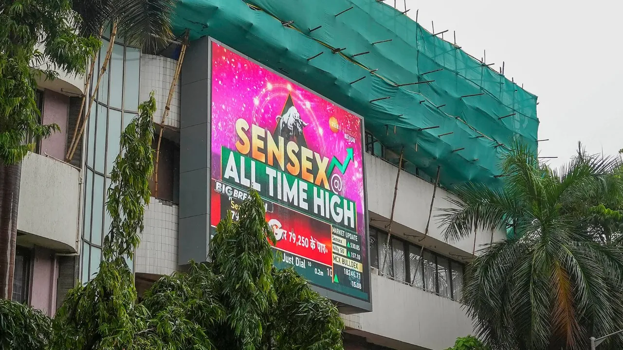 Stock prices displayed on a digital screen at the facade of the Bombay Stock Exchange (BSE) building, in Mumbai