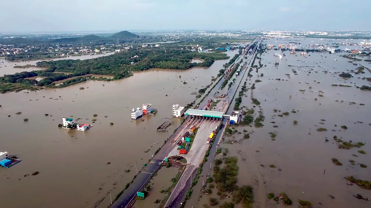 A drone visual shows an area that is flooded after the landfall of Cyclone Michaung, in Chennai