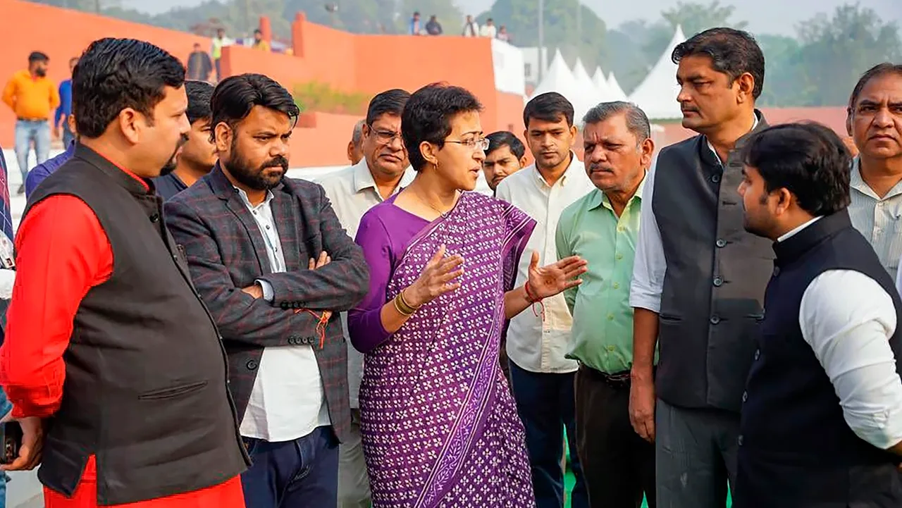 Delhi Minister Atishi Singh during a visit to inspect preparations at the ITO ghat ahead of the 'Chhath Puja' festival, in New Delhi