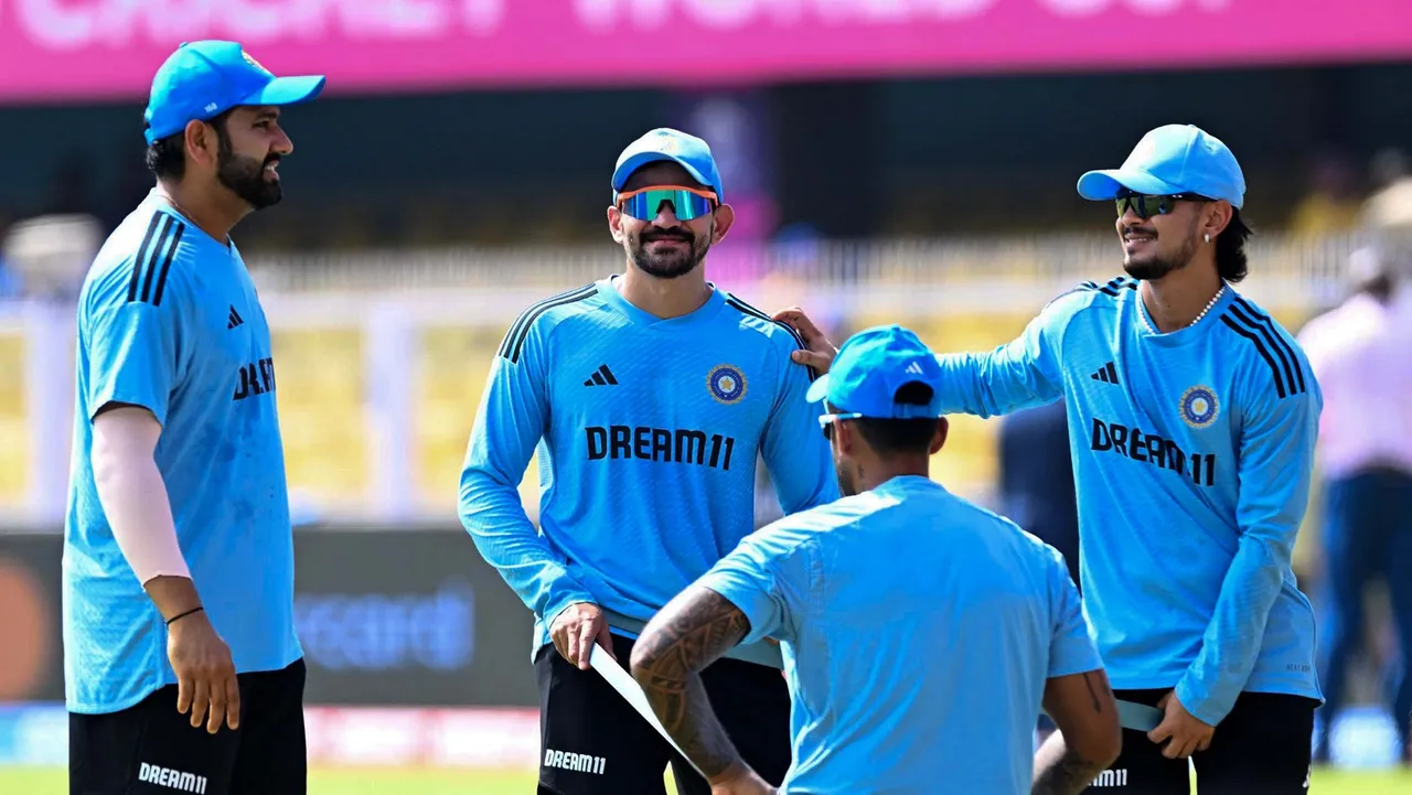 Indian cricketers during a practice session ahead of the ICC Men's Cricket World Cup 2023 warm-up match between India and England, at Assam Cricket Association Stadium in Guwahati