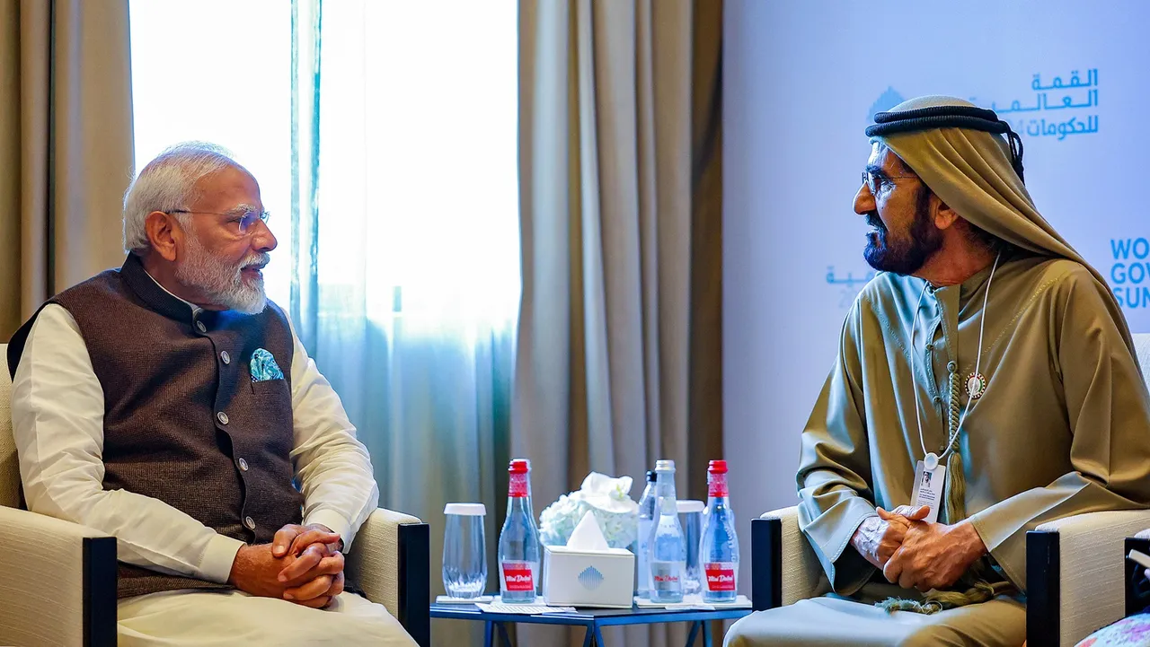 Prime Minister Narendra Modi with Vice President and Prime Minister of the UAE and Ruler of Dubai Sheikh Mohammed bin Rashid Al Maktoum during a meeting, in Dubai, UAE