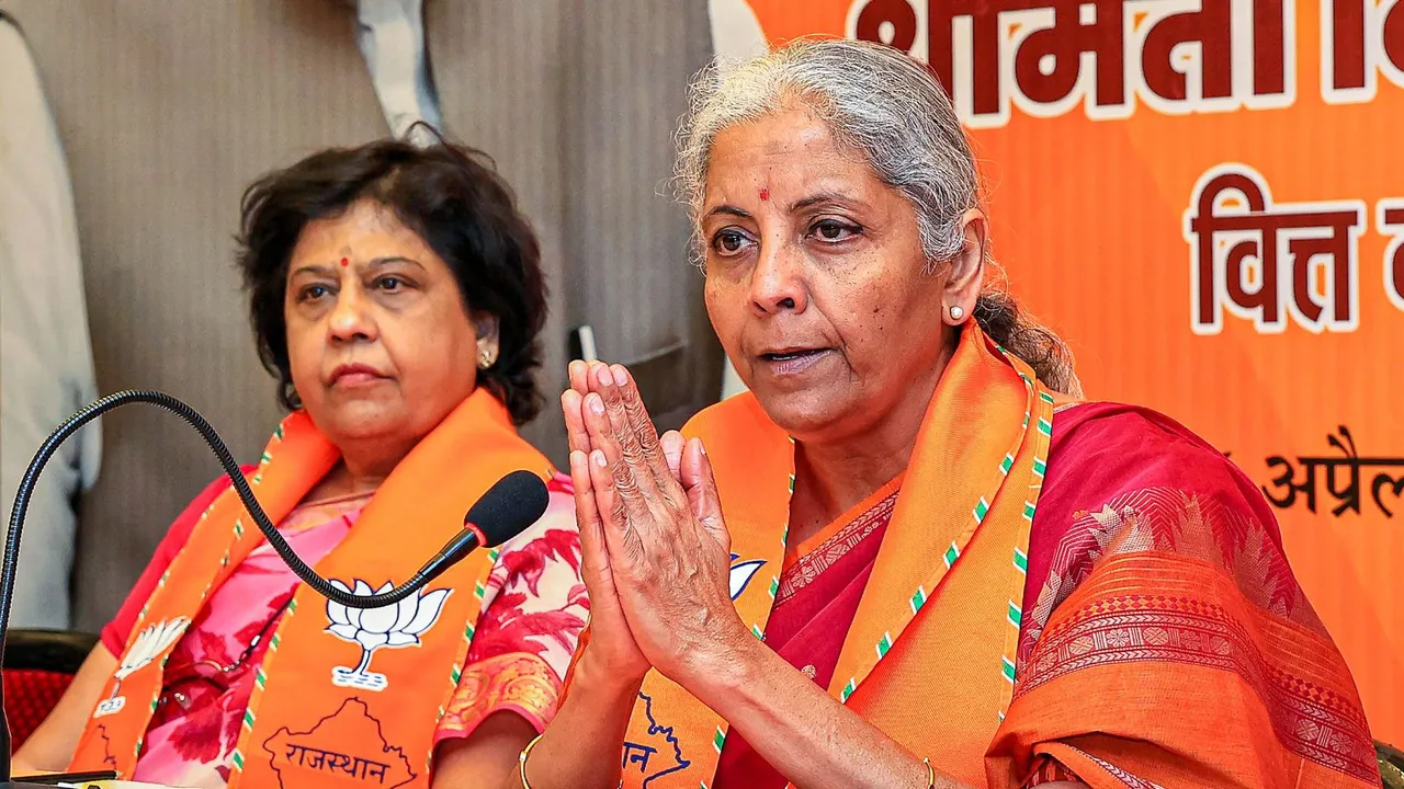 Union Finance Minister Nirmala Sitharaman addresses a press conference ahead of Lok Sabha elections, in Jaipur, Tuesday, April 16, 2024.