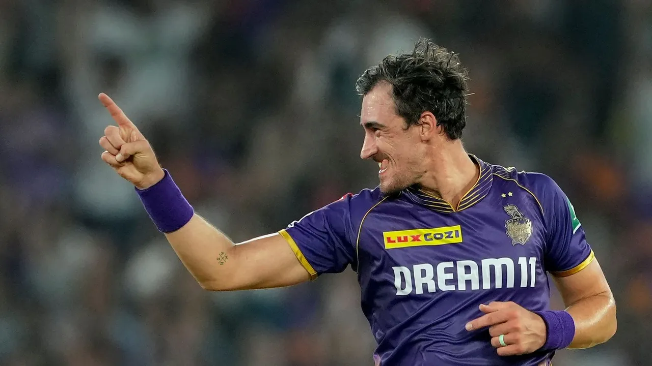 Kolkata Knight Riders player Mitchell Starc celebrates the wicket of Sunrisers Hyderabad's Shahbaz Ahmed during the Indian Premier League (IPL) 2024 T20 cricket match