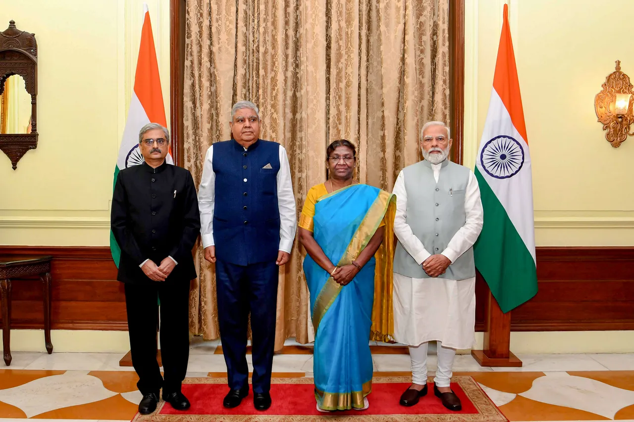 President Droupadi Murmu, Vice President Jagdeep Dhankhar, Prime Minister Narendra Modi and Central Vigilance Commissioner (CVC) Praveen Kumar Srivastava after the latter took oath, at Rashtrapati Bhavan in New Delhi,