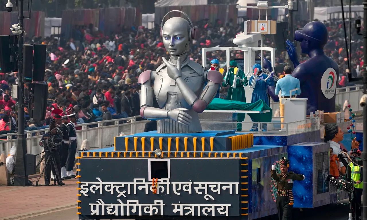 Ministry of Electronics and Information Technology tableau on display during the full dress rehearsal for the Republic Day Parade 2024