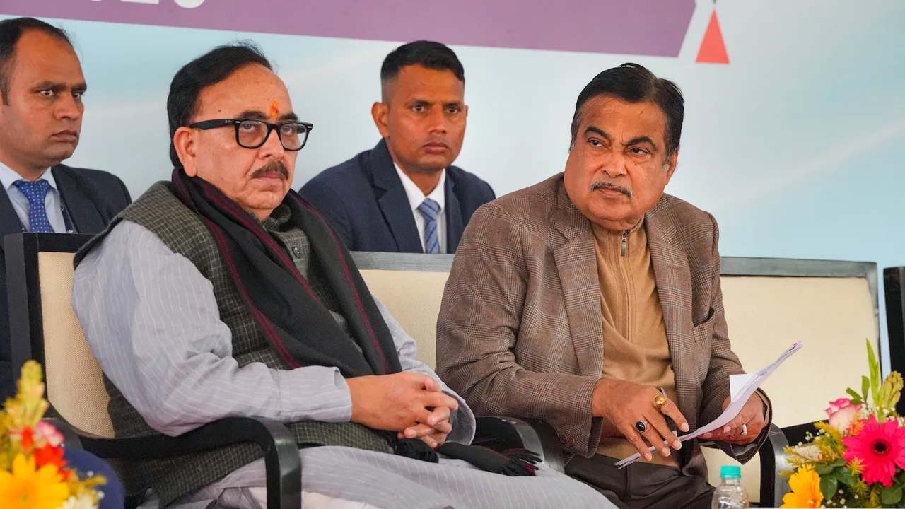 Union Minister of Road Transport and Highways Nitin Gadkari with Minister of State for Skill Development and Entrepreneurship Mahendra Nath Pandey (L) during the inaugural ceremony of the Auto Expo 2023