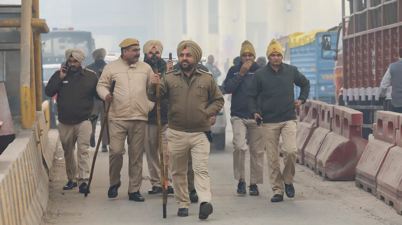 Security personnel at Tikri border in view of farmers' 'Delhi Chalo' march, in New Delhi