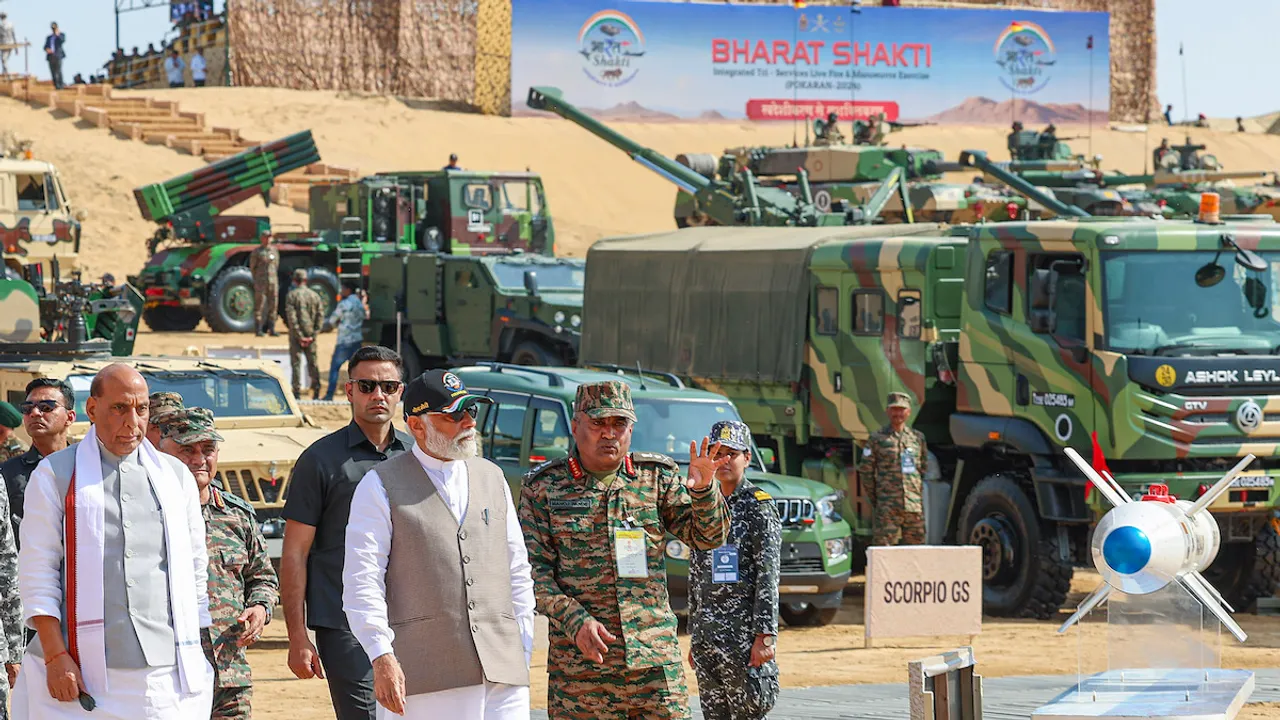 Prime Minister Narendra Modi with Defence Minister Rajnath Singh, Chief of Defence Staff General Anil Chauhan and Chief of Army Staff General Manoj Pande during the Exercise Bharat Shakti, in Pokhran, Rajasthan, Tuesday, March 12, 2024.