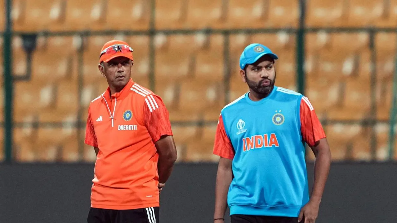 India's head coach Rahul Dravid and captain Rohit Sharma during a practice session ahead of the ICC Men's Cricket World Cup 2023 match against Netherlands, at Chinnaswamy Stadium in Bengaluru