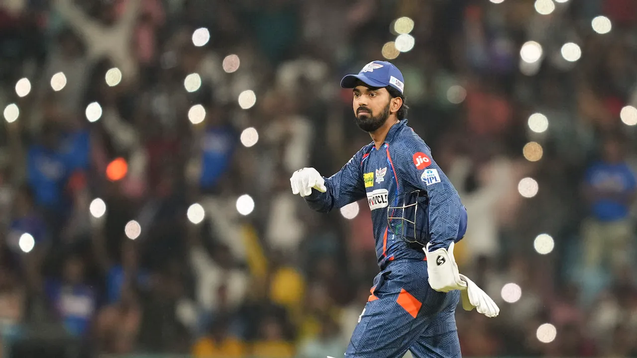 KL Rahul during the Indian Premier League (IPL) 2024 T20 cricket match between Lucknow Super Giants and Gujarat Titans at the Ekana Stadium, in Lucknow, Sunday, April 7, 2024.