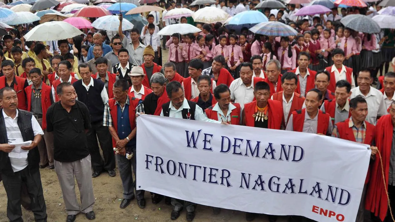 Members of the Eastern Nagaland Peoples Organization (ENPO) during a public rally for a separate “Frontier Nagaland” State at Tuensang Town in East Nagaland.
