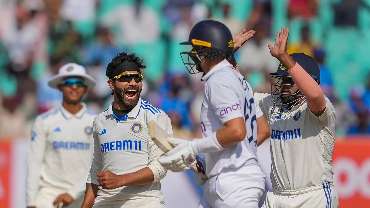 India's Ravindra Jadeja celebrates the wicket of England's Joe Root on the fourth day of the third test cricket match between India and England