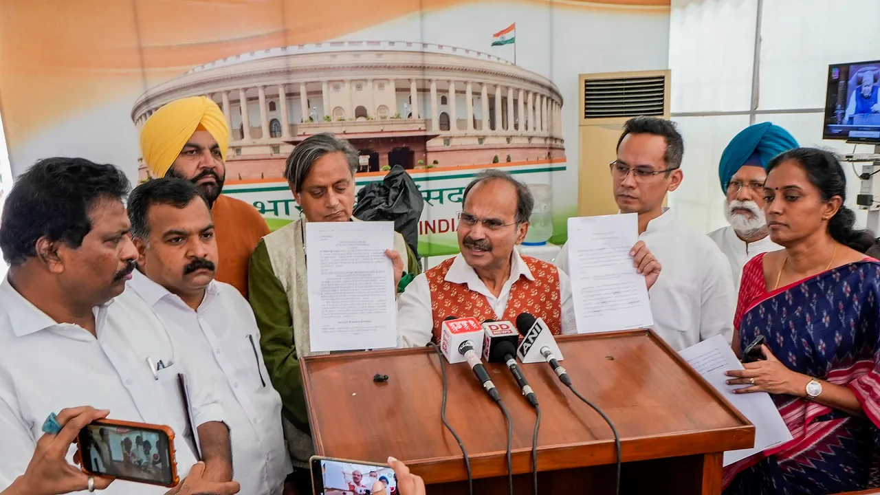 Congress MP Adhir Ranjan Chowdhury speaks to the media at Parliament House complex during Monsoon session, in New Delhi