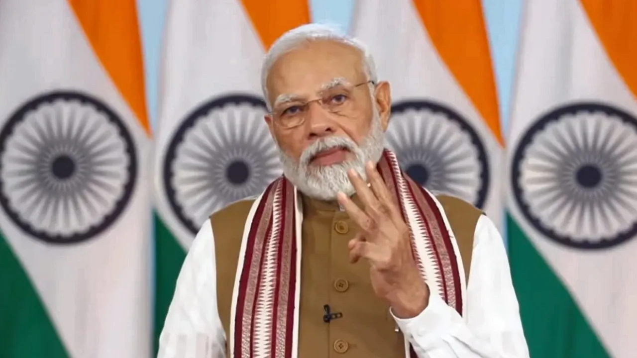 Prime Minister Narendra Modi addresses the Madhya Pradesh Rozgar Mela via a video conference, on Monday.jpg