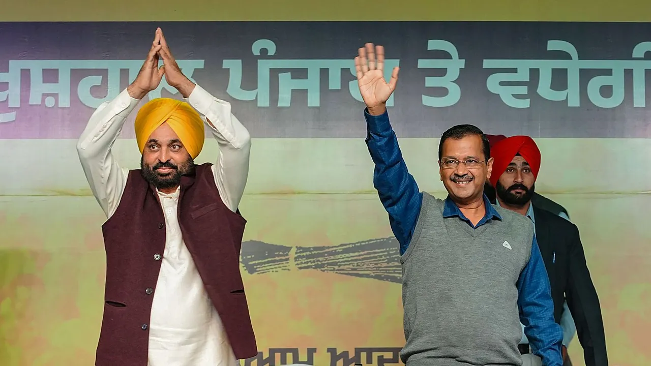 Punjab Chief Minister Bhagwant Mann and Delhi Chief Minister Arvind Kejriwal during a public meeting, ahead of the Lok Sabha elections, in Mohali