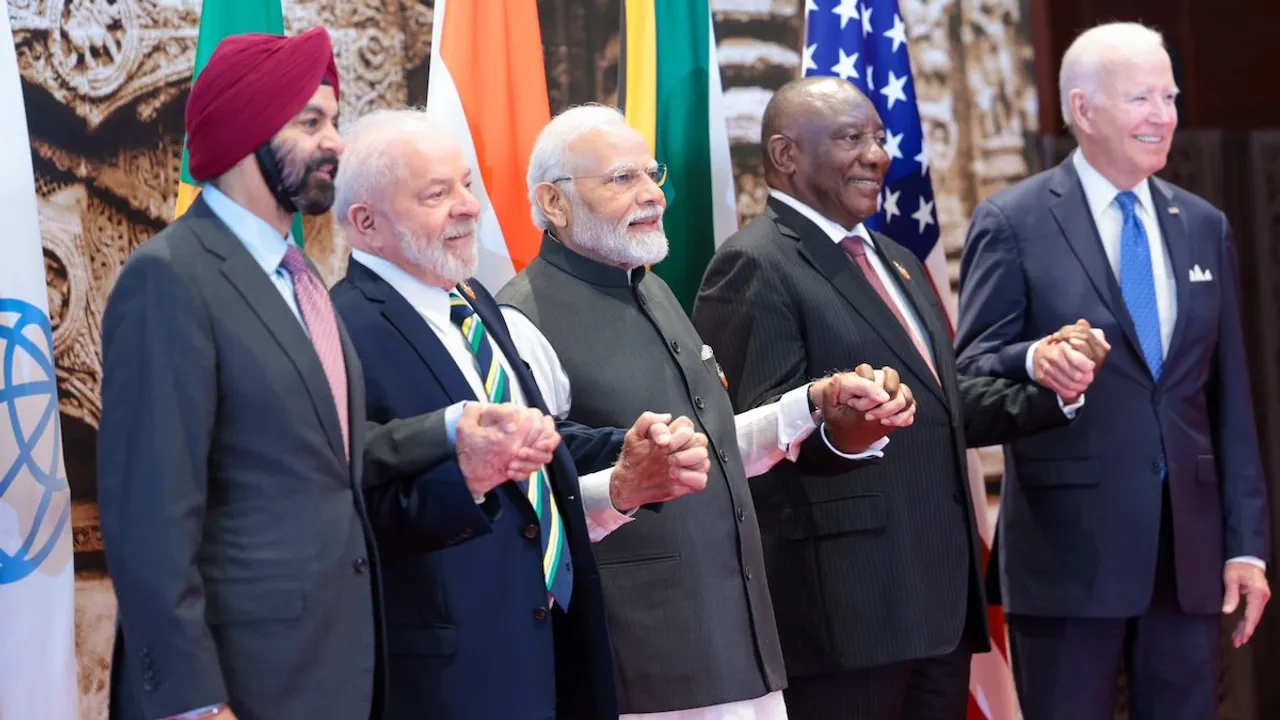 (L-R) World Bank President Ajay Banga, Brazilian President Luiz Inacio Lula da Silva, Indian Prime Minister Narendra Modi, South Africa's Cyril Ramaphosa and US President Joe Biden